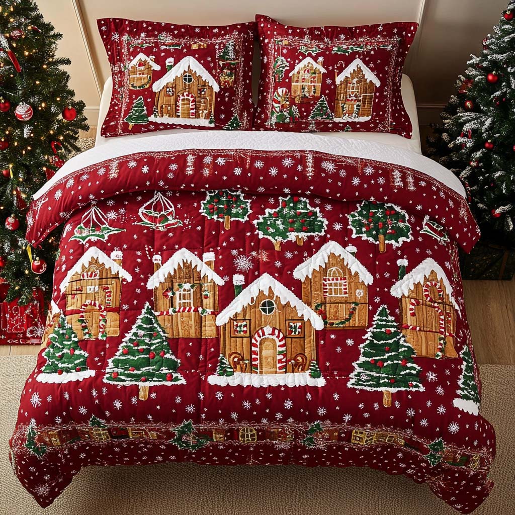 Gingerbread Village Christmas quilted 3-piece bedding set on a made bed with two matching pillow shams