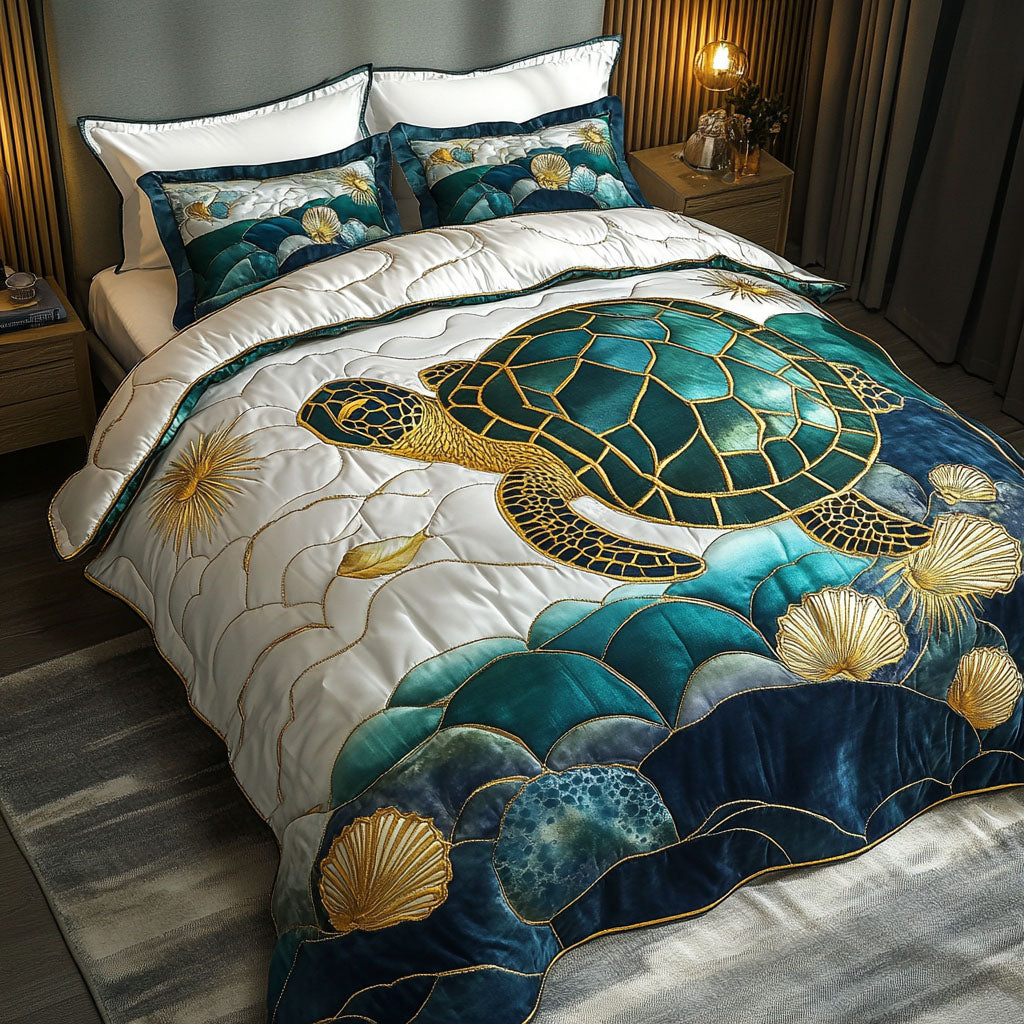Gliding Through Waves quilted 3-piece bedding set on a made bed with two matching pillow shams