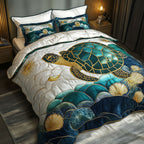 Gliding Through Waves quilted 3-piece bedding set on a made bed with two matching pillow shams
