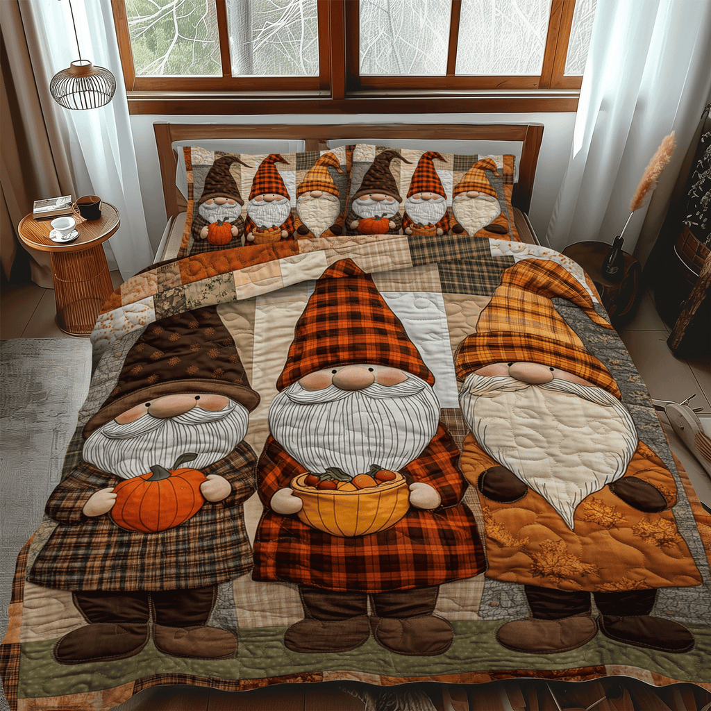 Gnome Fall Fest quilted 3-piece bedding set on a made bed with two matching pillow shams