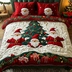 Gnome For The Holidays quilted 3-piece bedding set on a made bed with two matching pillow shams