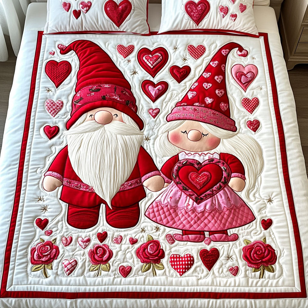 Gnome Heartstrings quilted 3-piece bedding set on a made bed with two matching pillow shams