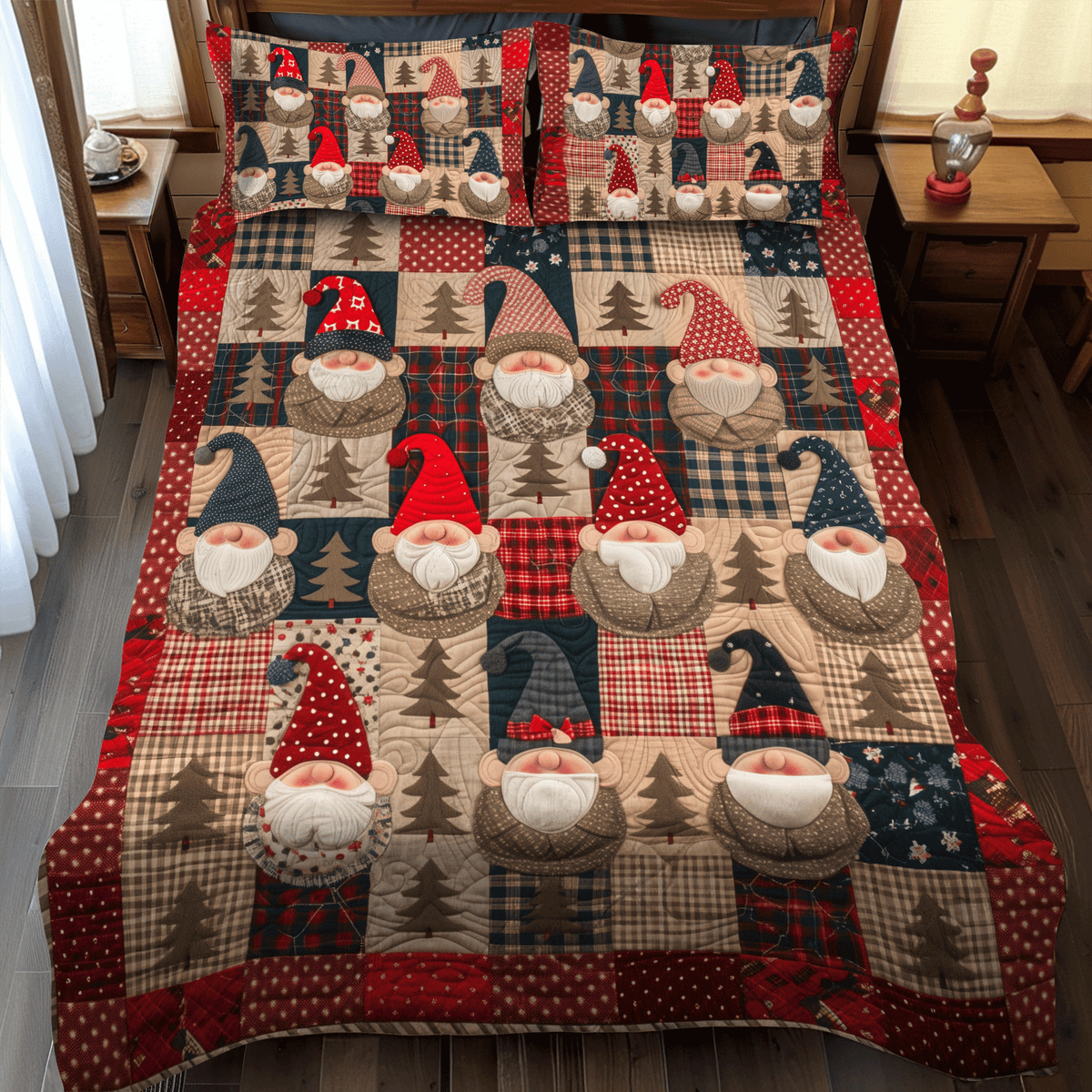Gnome Village quilted 3-piece bedding set on a made bed with two matching pillow shams