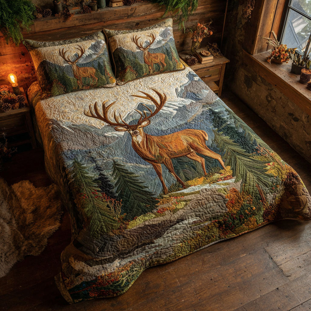 Golden Antlers Animal quilted 3-piece bedding set on a made bed with two matching pillow shams