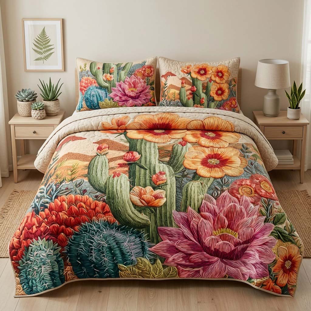 Golden Cactus quilted 3-piece bedding set on a made bed with two matching pillow shams