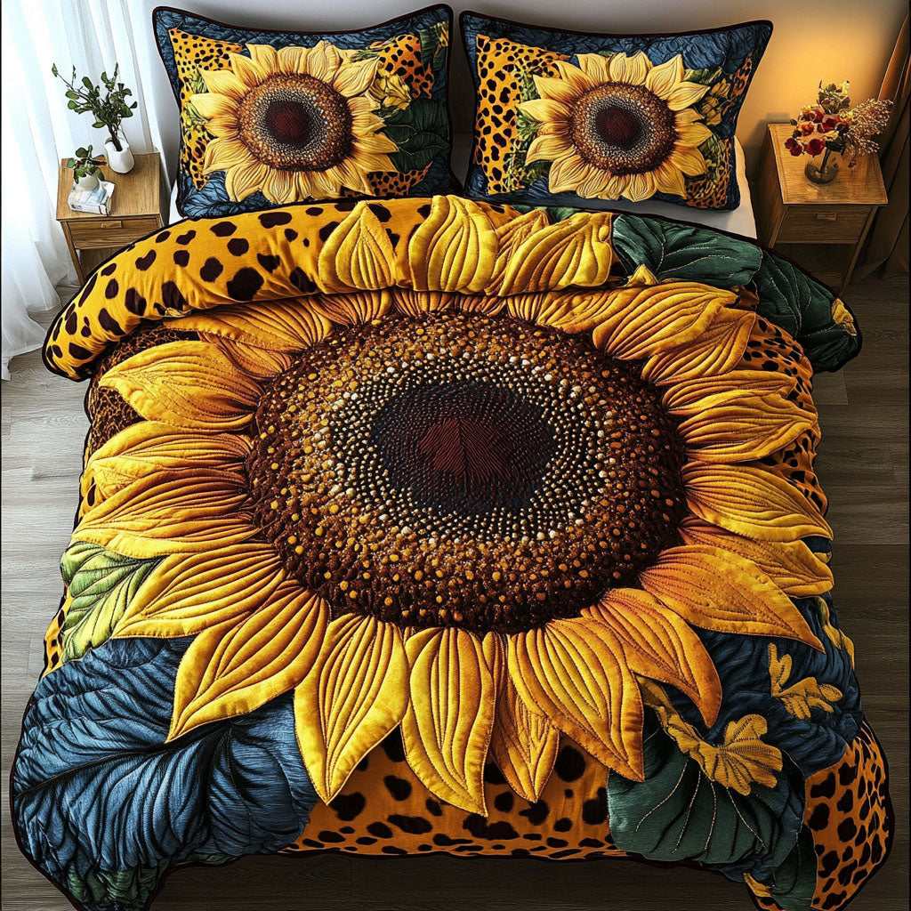 Golden Essence Flower quilted 3-piece bedding set on a made bed with two matching pillow shams