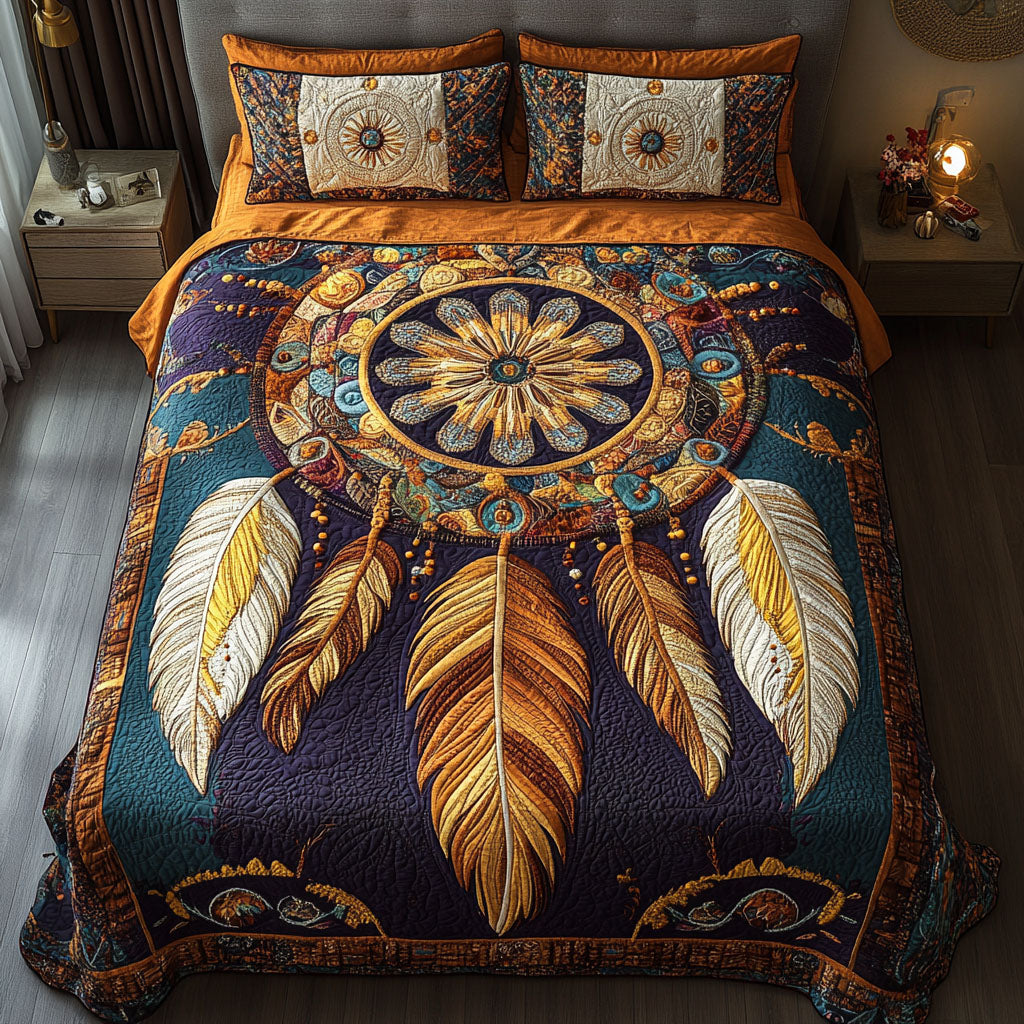 Golden Feathers Dreamcatcher quilted 3-piece bedding set on a made bed with two matching pillow shams