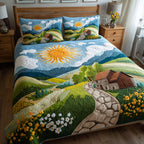 Golden Fields Daisy quilted 3-piece bedding set on a made bed with two matching pillow shams
