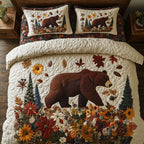 Golden Forest Walk quilted 3-piece bedding set on a made bed with two matching pillow shams