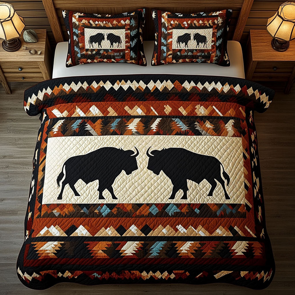 Golden Frontier quilted 3-piece bedding set on a made bed with two matching pillow shams