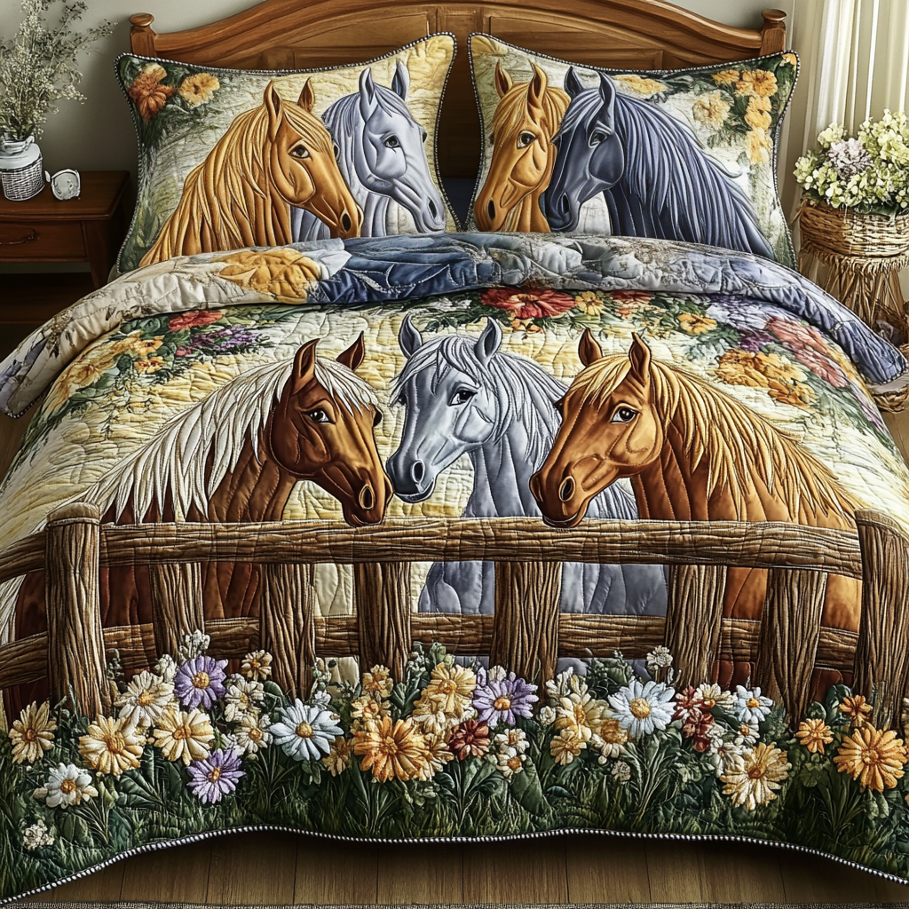 Golden Gallop Bedspread quilted 3-piece bedding set on a made bed with two matching pillow shams