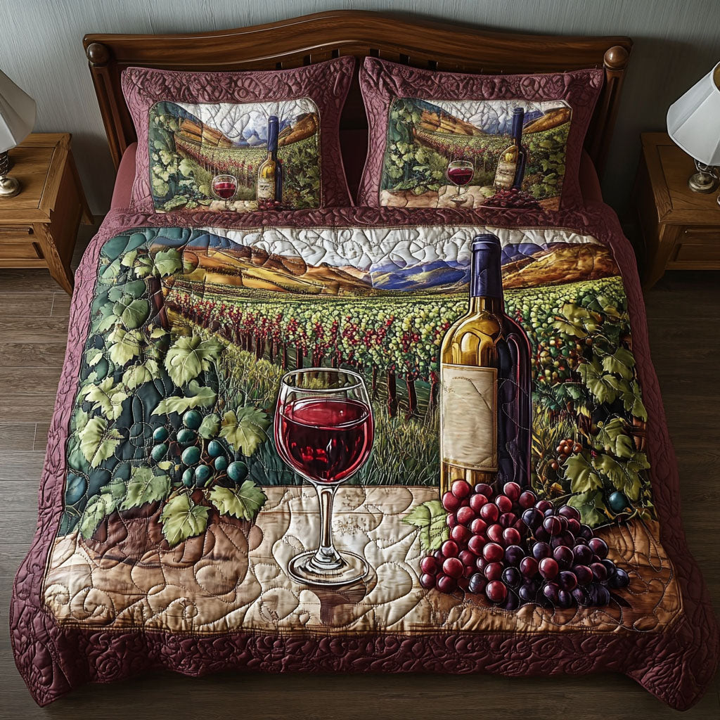Golden Grapes quilted 3-piece bedding set on a made bed with two matching pillow shams