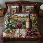Golden Grapes quilted 3-piece bedding set on a made bed with two matching pillow shams