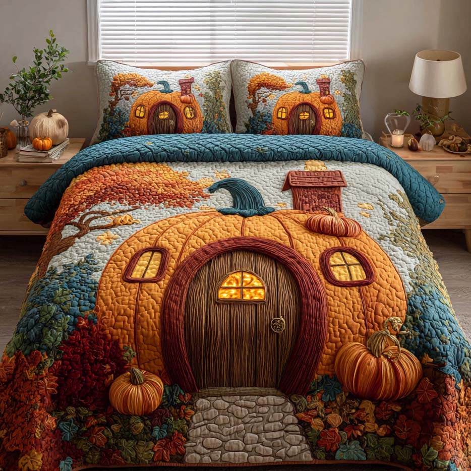 Golden Harvest Autumn quilted 3-piece bedding set on a made bed with two matching pillow shams