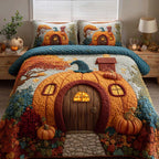 Golden Harvest Autumn quilted 3-piece bedding set on a made bed with two matching pillow shams