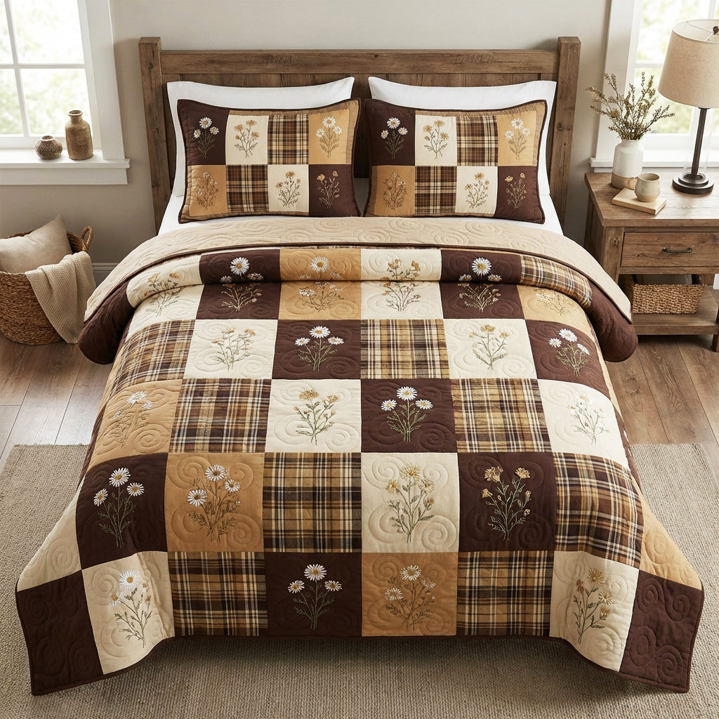 Golden Harvest Cottage quilted 3-piece bedding set on a made bed with two matching pillow shams