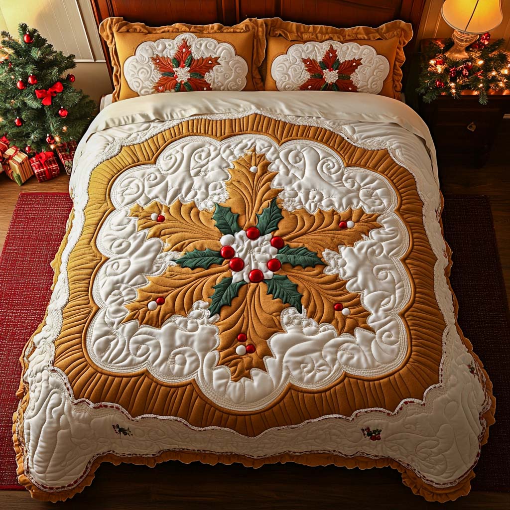 Golden Holly Christian quilted 3-piece bedding set on a made bed with two matching pillow shams