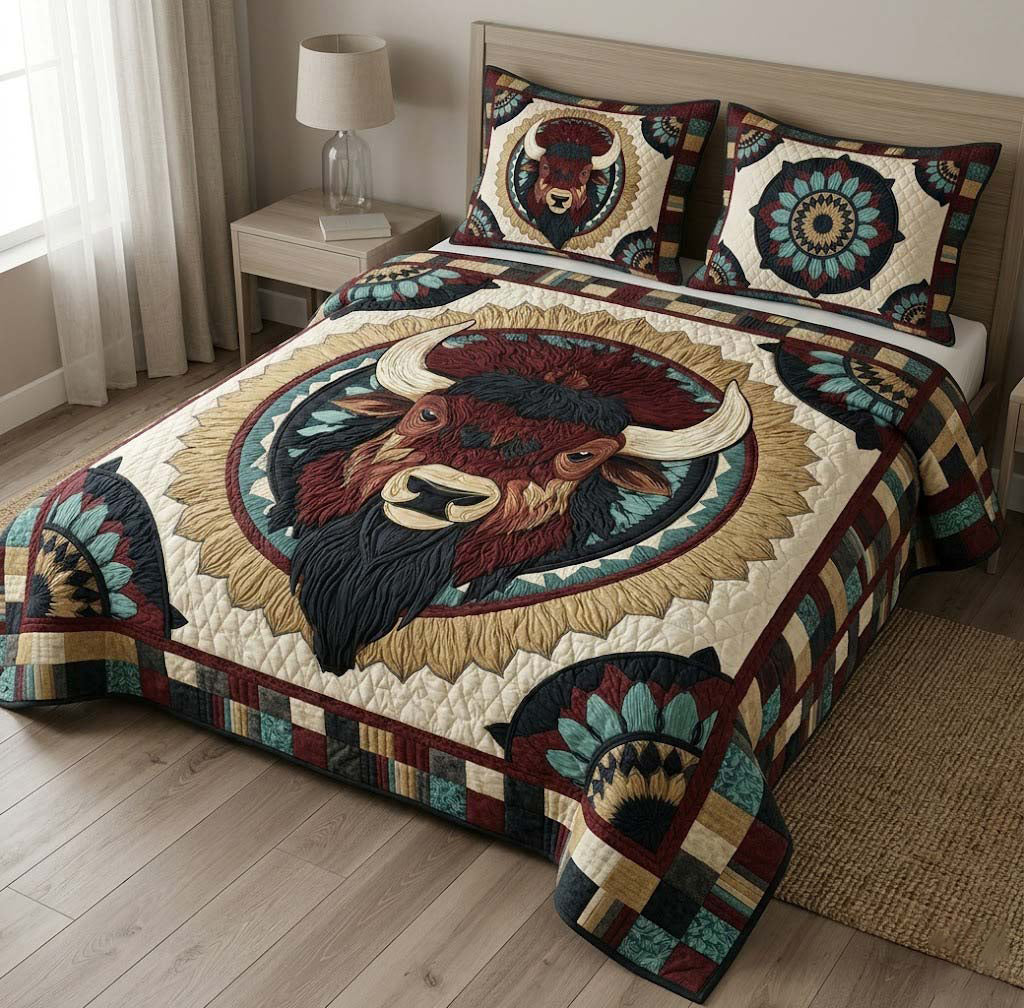 Golden Horizon Bison Animal quilted 3-piece bedding set on a made bed with two matching pillow shams