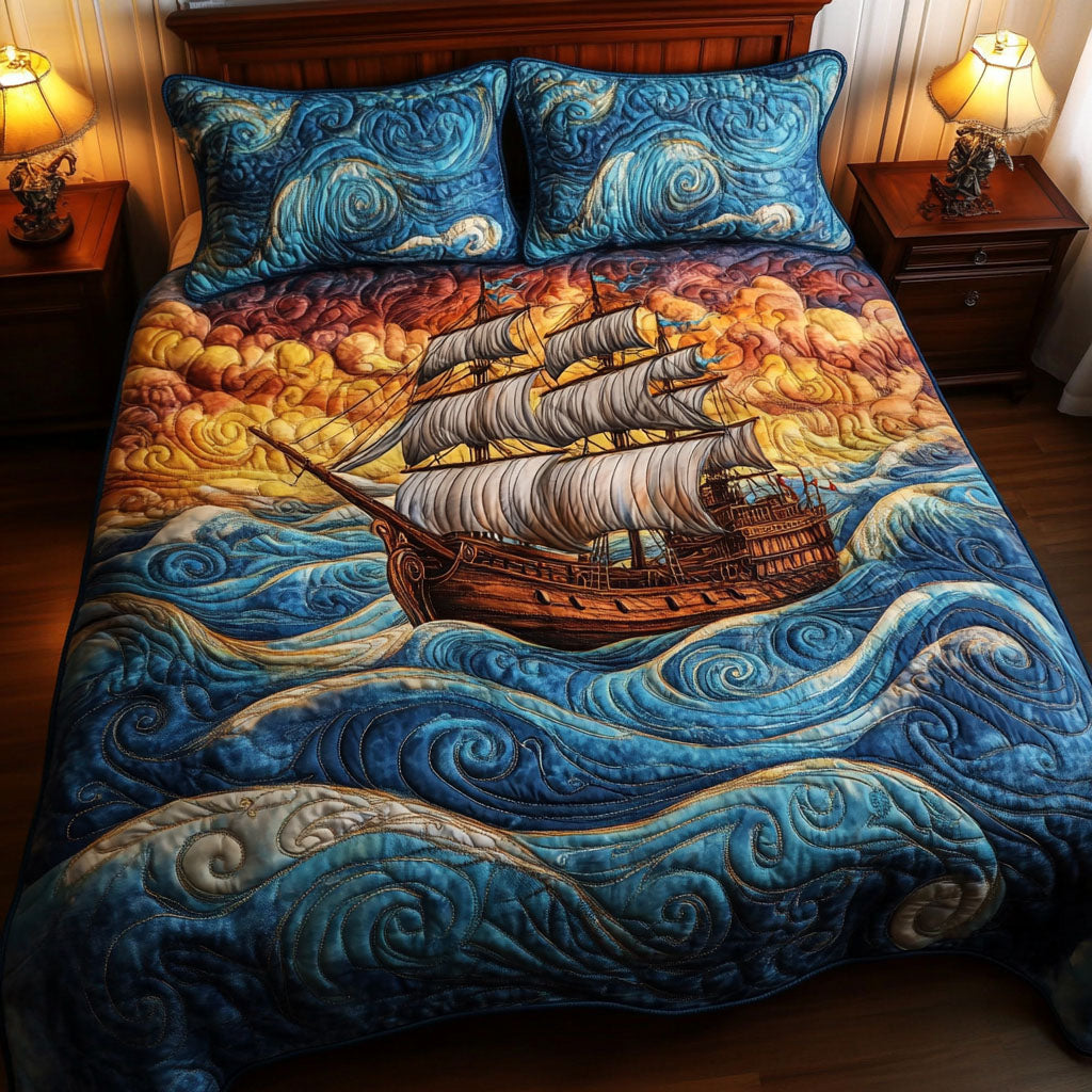 Golden Horizon Boat quilted 3-piece bedding set on a made bed with two matching pillow shams