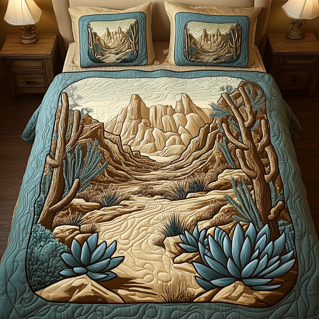 Golden Horizon Desert quilted 3-piece bedding set on a made bed with two matching pillow shams