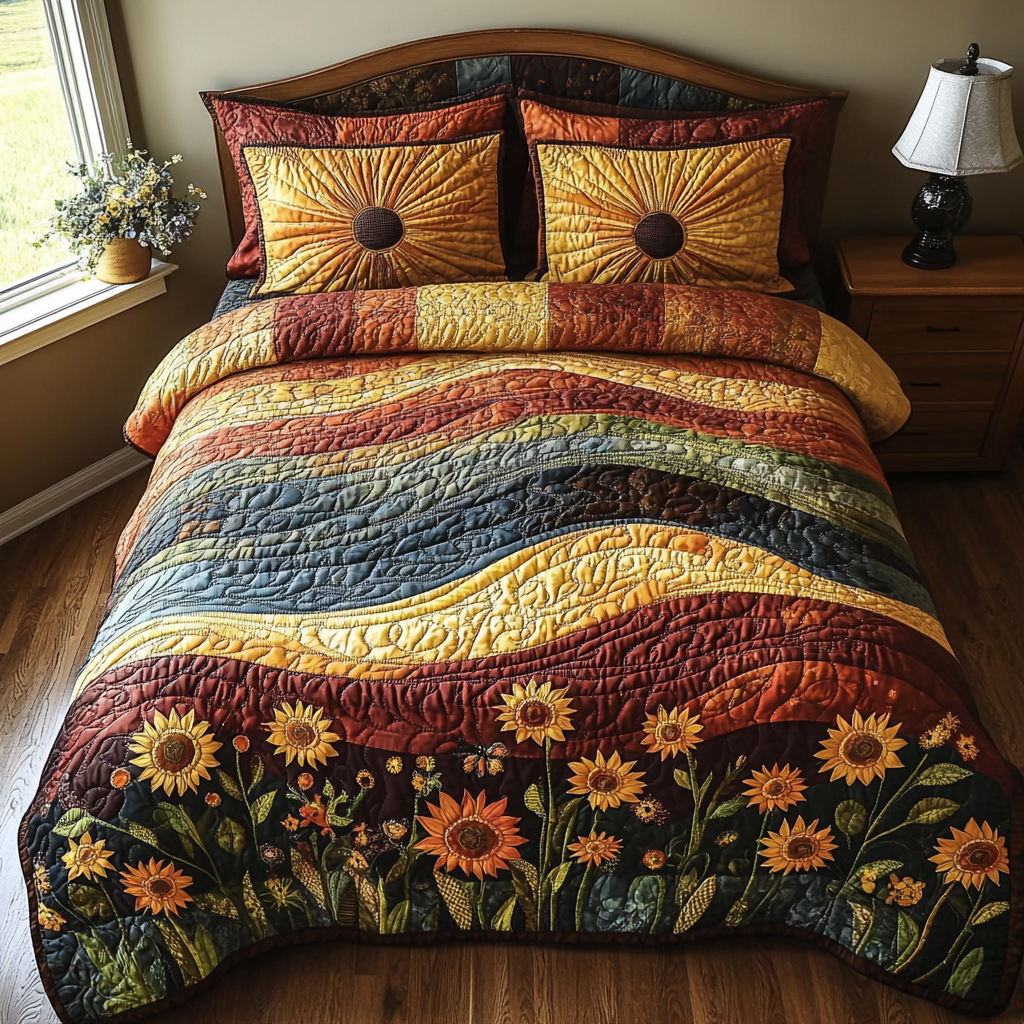 Golden Horizon Sunflower quilted 3-piece bedding set on a made bed with two matching pillow shams