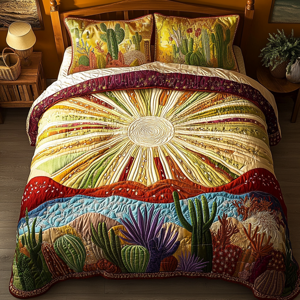 Golden Hour Desert quilted 3-piece bedding set on a made bed with two matching pillow shams