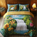Golden Island Escape quilted 3-piece bedding set on a made bed with two matching pillow shams