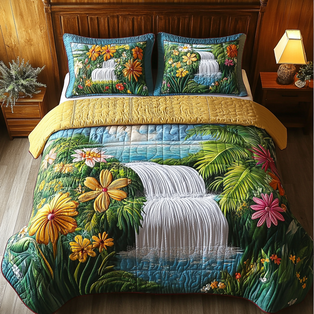 Golden Island Escape quilted 3-piece bedding set on a made bed with two matching pillow shams