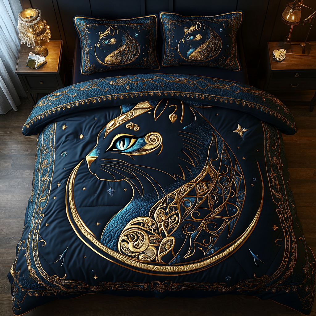 Golden Majesty Animal quilted 3-piece bedding set on a made bed with two matching pillow shams