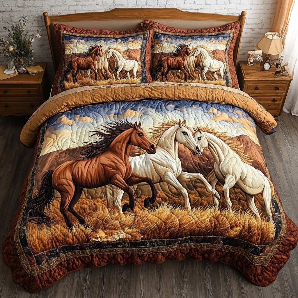 Golden Mane Animal Bedspread quilted 3-piece bedding set on a made bed with two matching pillow shams