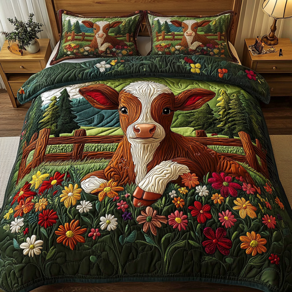 Golden Moo quilted 3-piece bedding set on a made bed with two matching pillow shams
