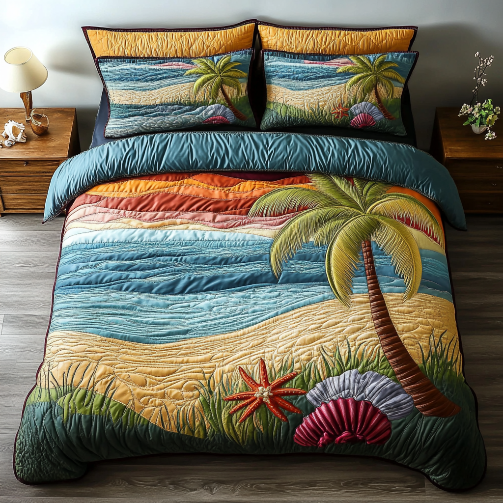 Golden Ocean Breeze Beach quilted 3-piece bedding set on a made bed with two matching pillow shams