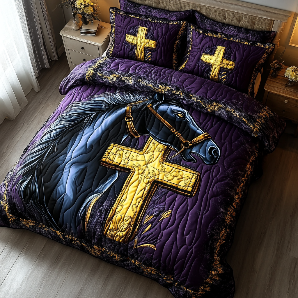 Golden Path Animal quilted 3-piece bedding set on a made bed with two matching pillow shams