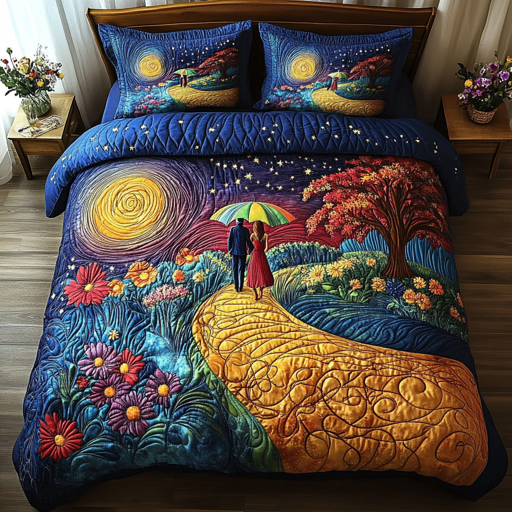 Golden Path Couple quilted 3-piece bedding set on a made bed with two matching pillow shams