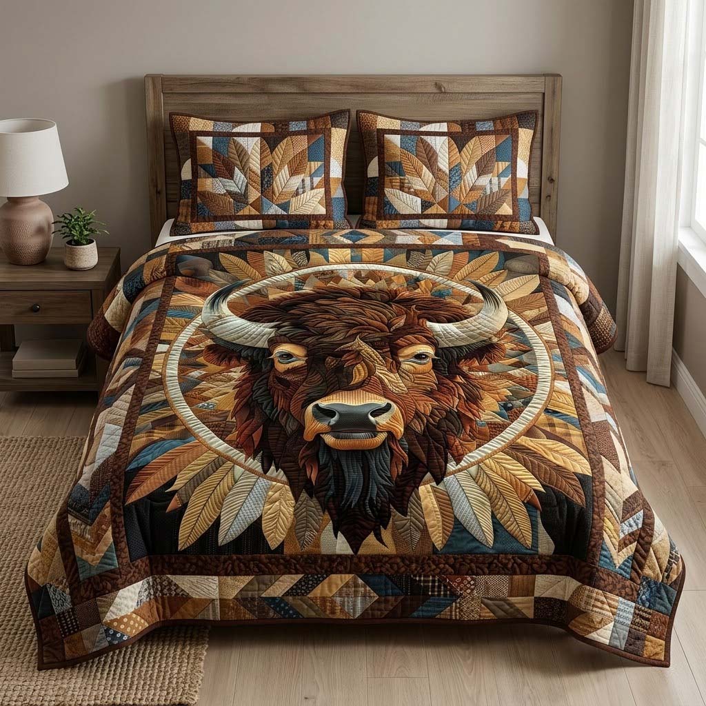 Golden Plains Bison Animal quilted 3-piece bedding set on a made bed with two matching pillow shams