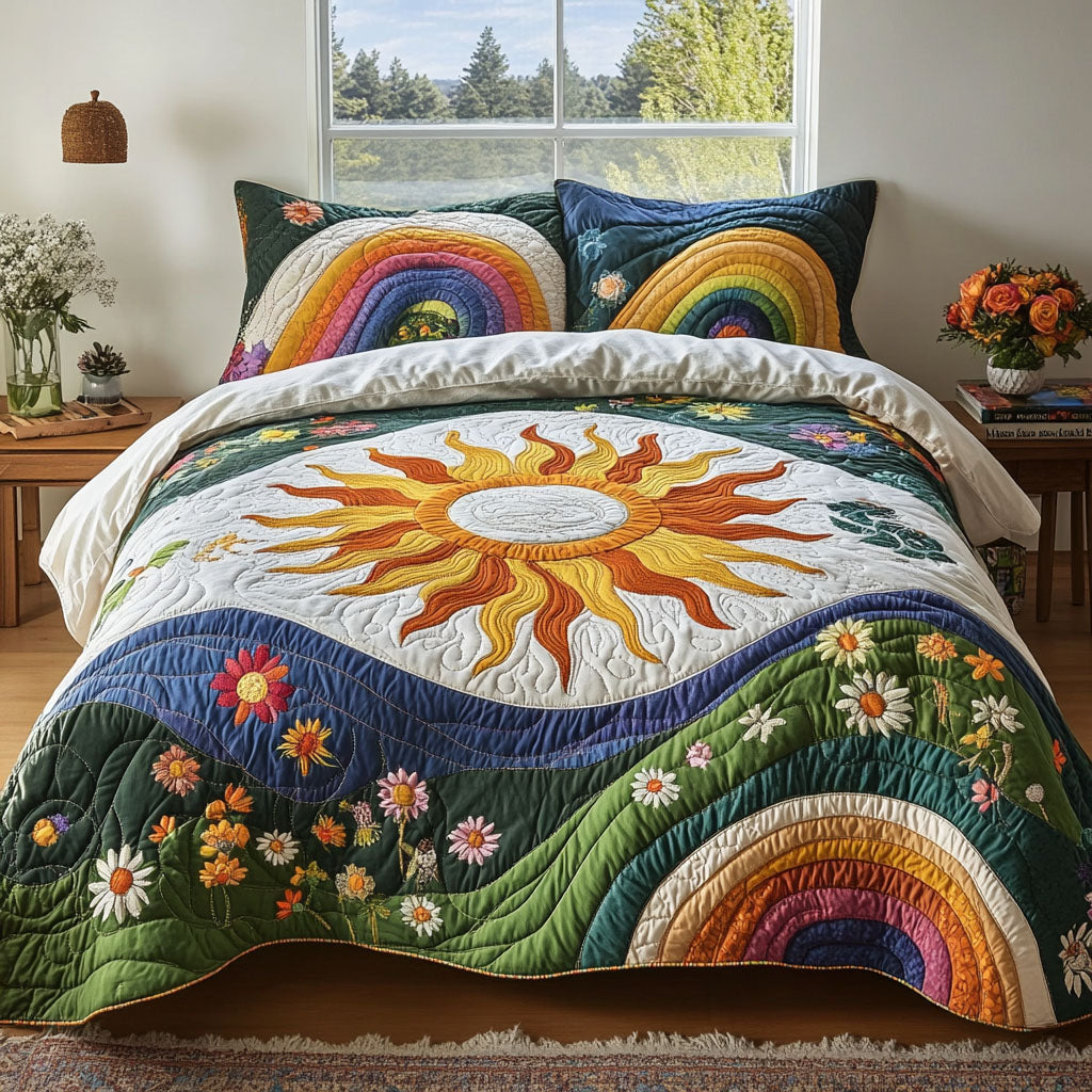 Golden Rays Gypsy Boho quilted 3-piece bedding set on a made bed with two matching pillow shams