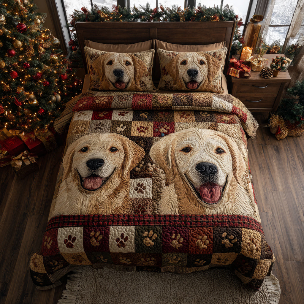 Golden Retriever Duo quilted 3-piece bedding set on a made bed with two matching pillow shams