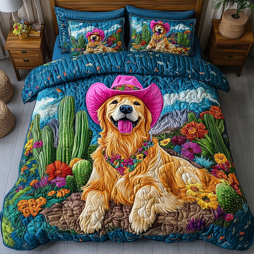 Golden Rodeo Cowboy quilted 3-piece bedding set on a made bed with two matching pillow shams