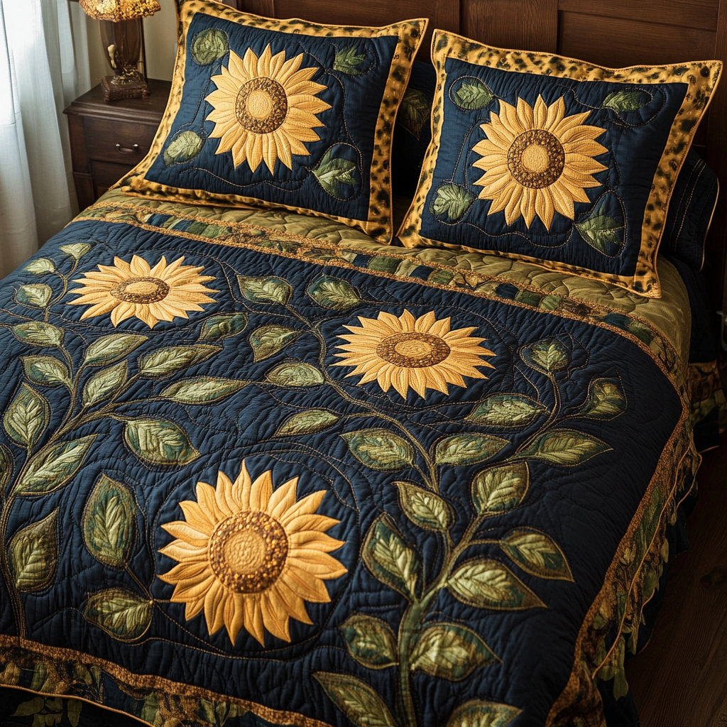 Golden Sunflower Dreams quilted 3-piece bedding set on a made bed with two matching pillow shams
