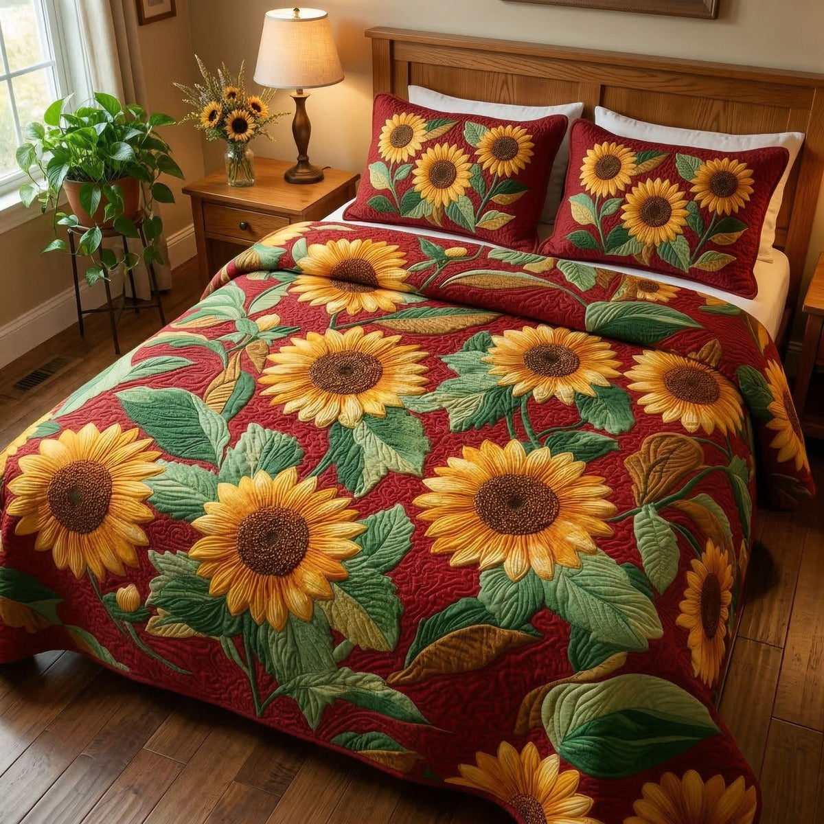 Golden Sunflower Garden quilted 3-piece bedding set on a made bed with two matching pillow shams