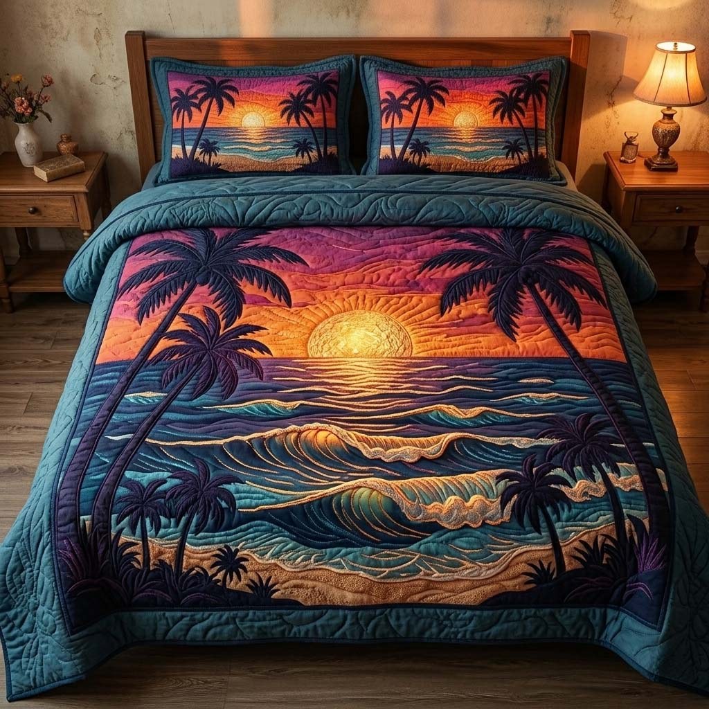 Golden Sunset Shore quilted 3-piece bedding set on a made bed with two matching pillow shams