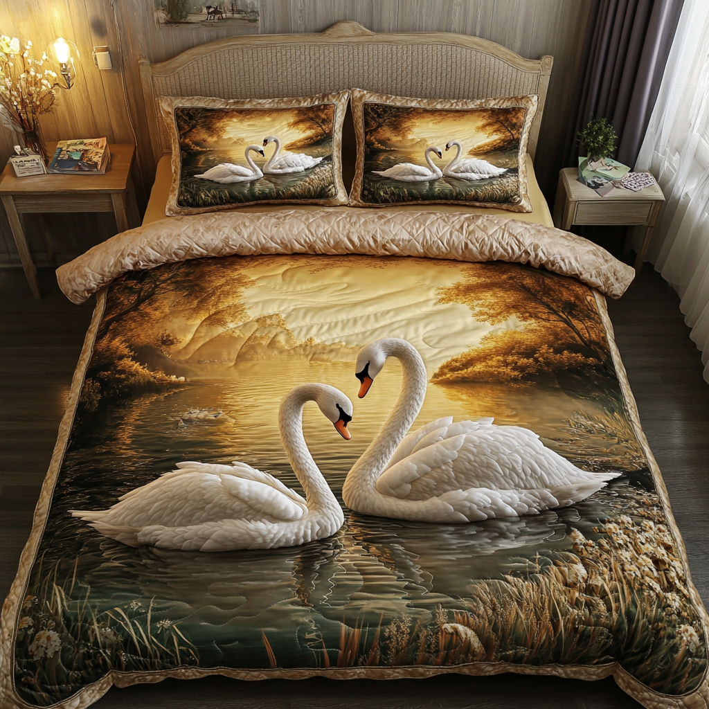 Golden Swan quilted 3-piece bedding set on a made bed with two matching pillow shams