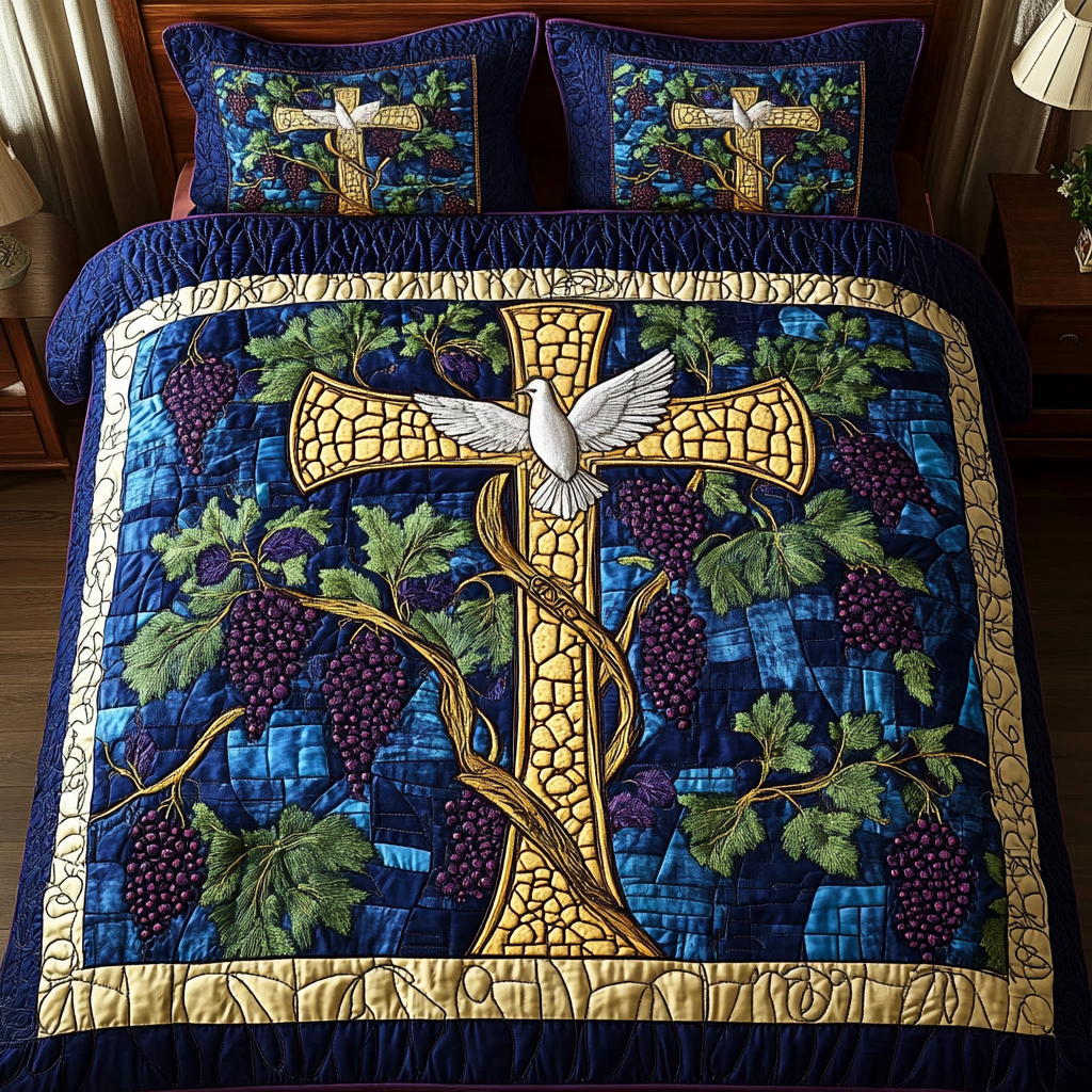 Grapevine Cross Blue quilted 3-piece bedding set on a made bed with two matching pillow shams