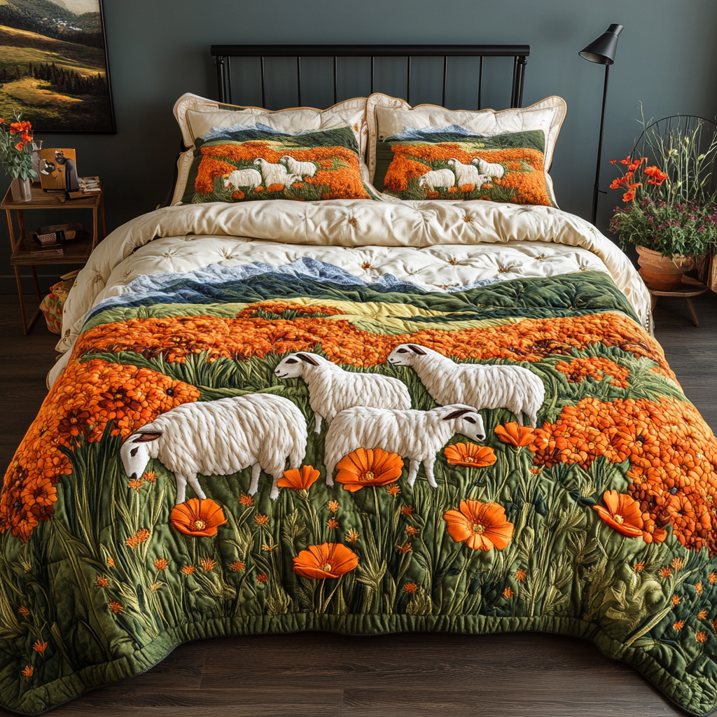 Grazing Calm quilted 3-piece bedding set on a made bed with two matching pillow shams