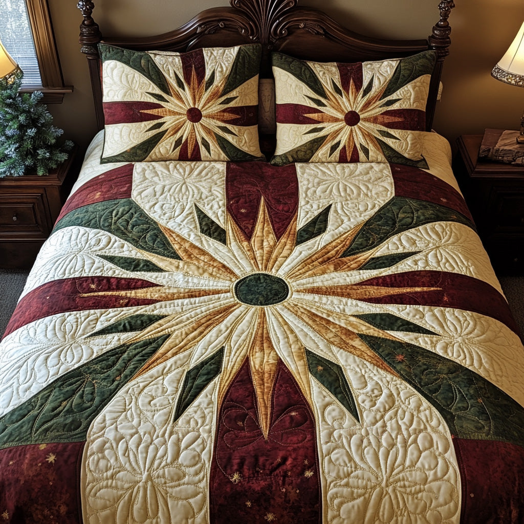 Groovy Christmas Morning Sun quilted 3-piece bedding set on a made bed with two matching pillow shams