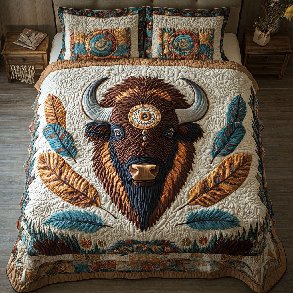 Guardians Of The Land quilted 3-piece bedding set on a made bed with two matching pillow shams