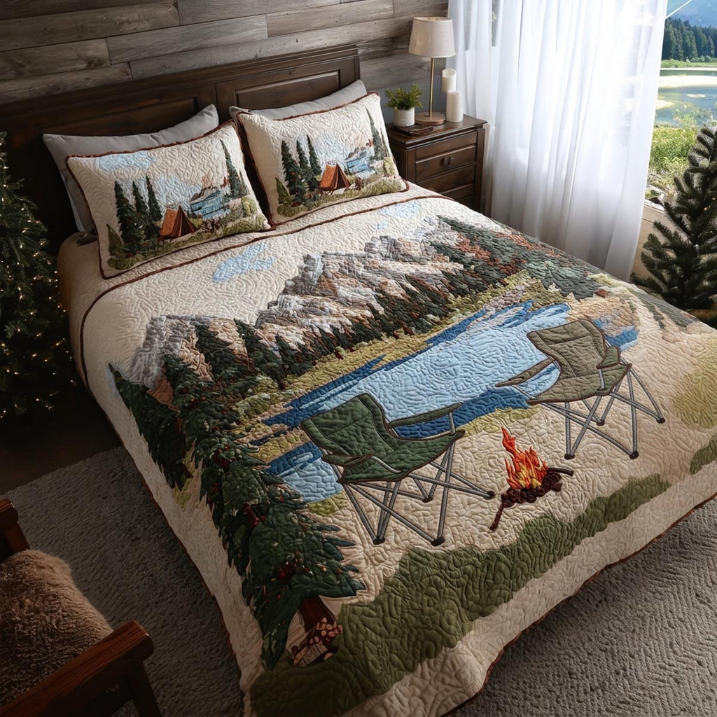 Happy Campers Forest quilted 3-piece bedding set on a made bed with two matching pillow shams