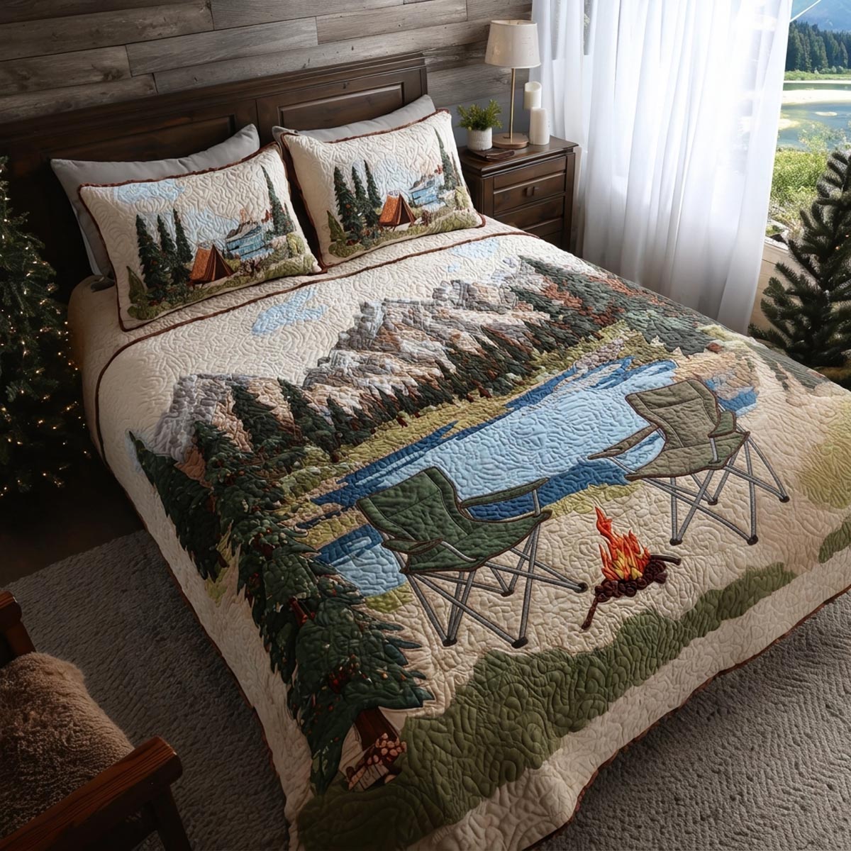 Happy Campers Forest quilted 3-piece bedding set on a made bed with two matching pillow shams