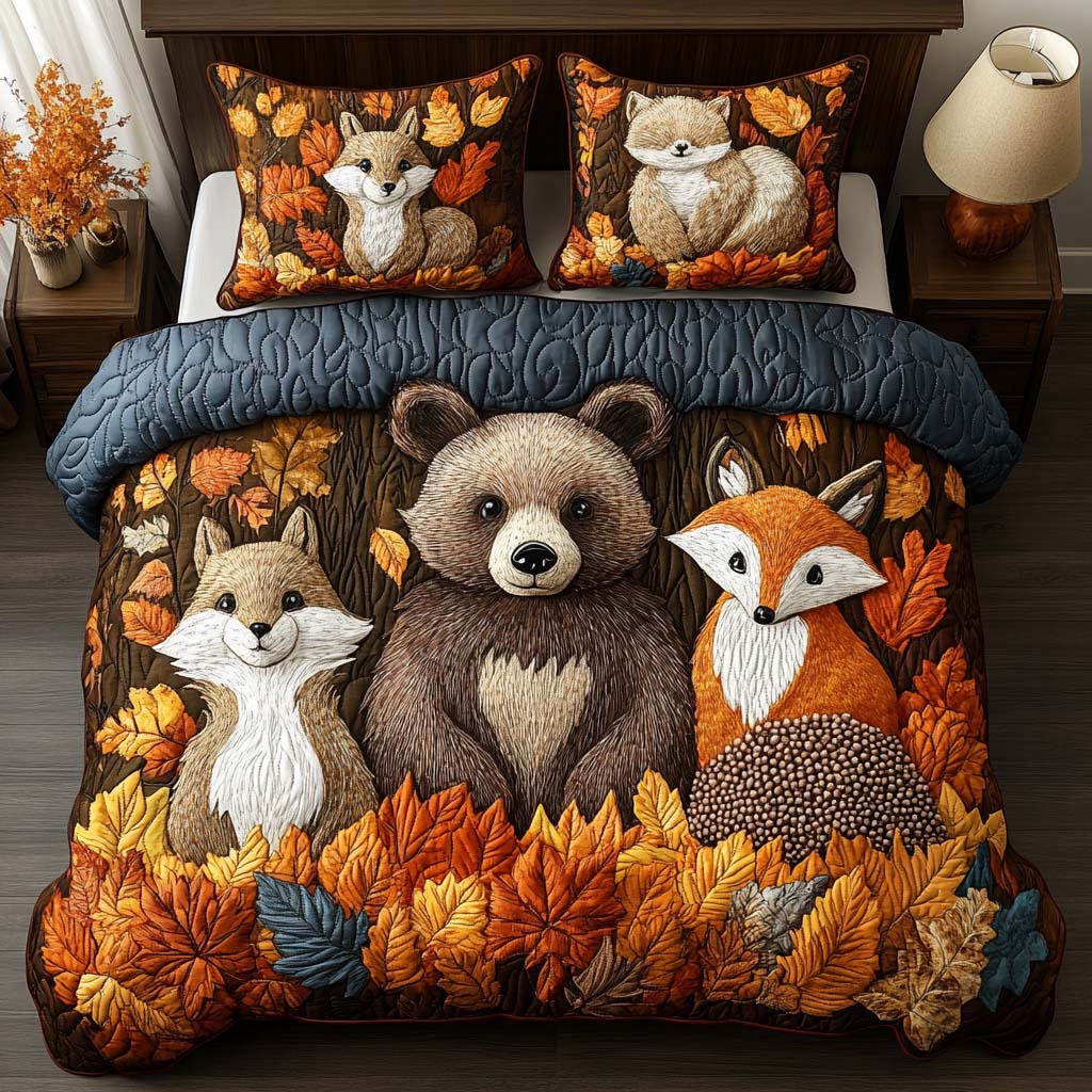 Happy Woodland Path quilted 3-piece bedding set on a made bed with two matching pillow shams