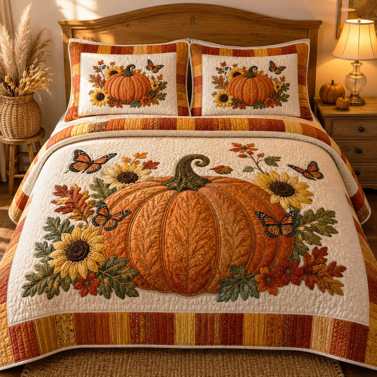 Harvest Blessings quilted 3-piece bedding set on a made bed with two matching pillow shams